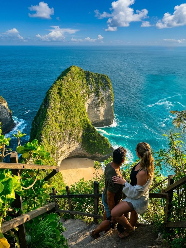 Pareja en el mirador de la playa Kelinking Nusa Tenida
